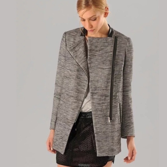 Maje Gray Tweed Long Linen Lambskin Blazer Jacket 36 S - Picture 2 of 11